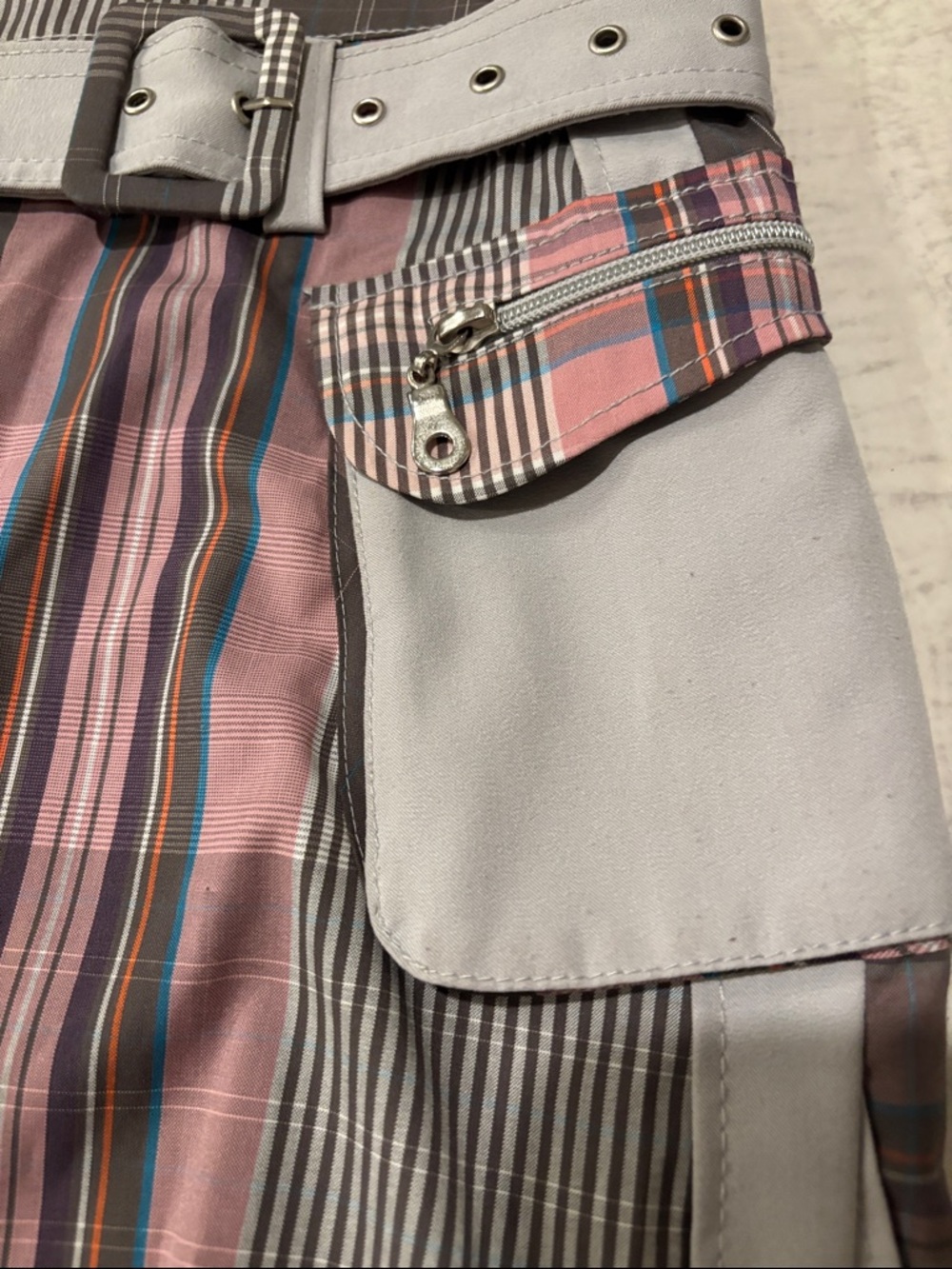 Light Gray Plaid Pocket Mini Skirt - Pink & Gray - Picture 2 of 11